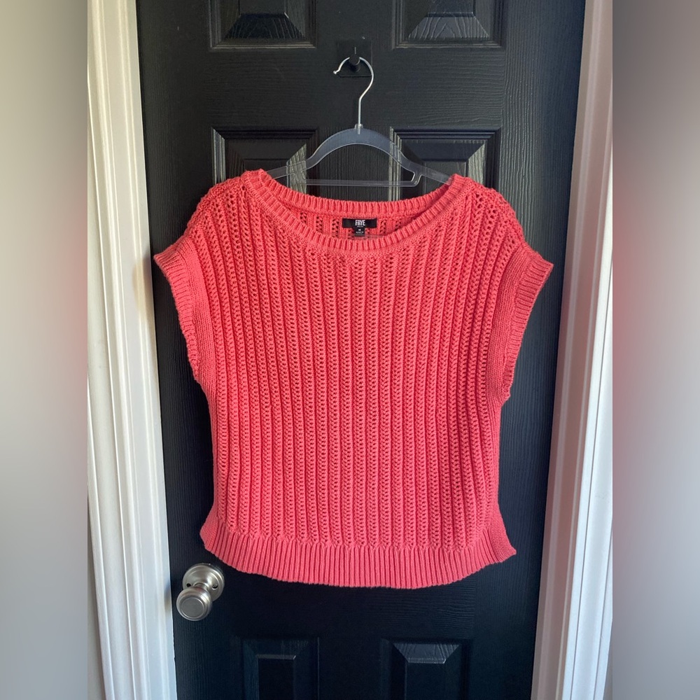 Frye Coral Pink Short Sleeve Crew Neck Sweater with Ribbed Knit-Size M
